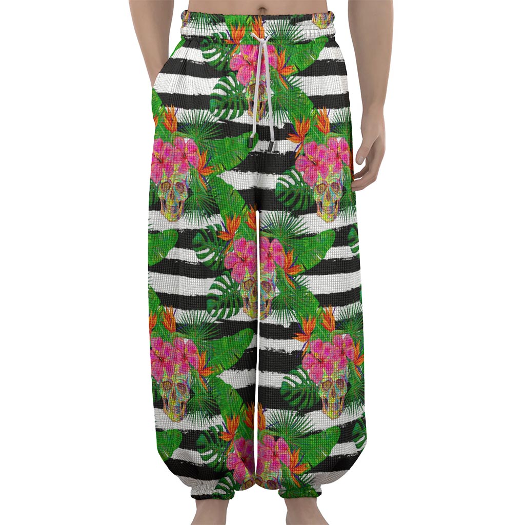Aloha Skull Striped Pattern Print Lantern Pants