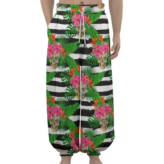 Aloha Skull Striped Pattern Print Lantern Pants