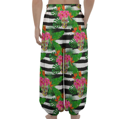 Aloha Skull Striped Pattern Print Lantern Pants