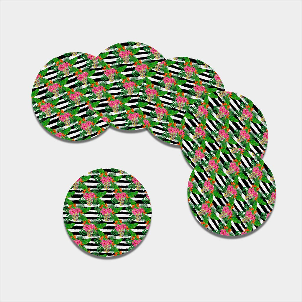 Aloha Skull Striped Pattern Print Leather Coaster Set