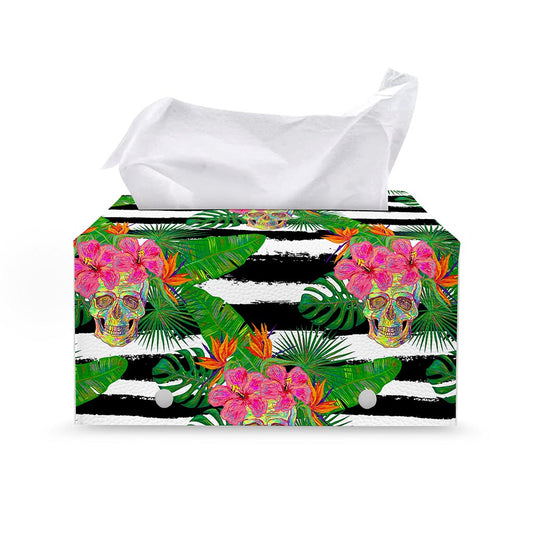 Aloha Skull Striped Pattern Print Leather Tissue Box Cover