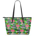Aloha Skull Striped Pattern Print Leather Tote Bag With Zipper
