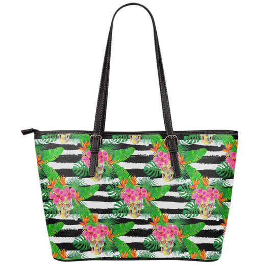 Aloha Skull Striped Pattern Print Leather Tote Bag