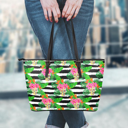 Aloha Skull Striped Pattern Print Leather Tote Bag
