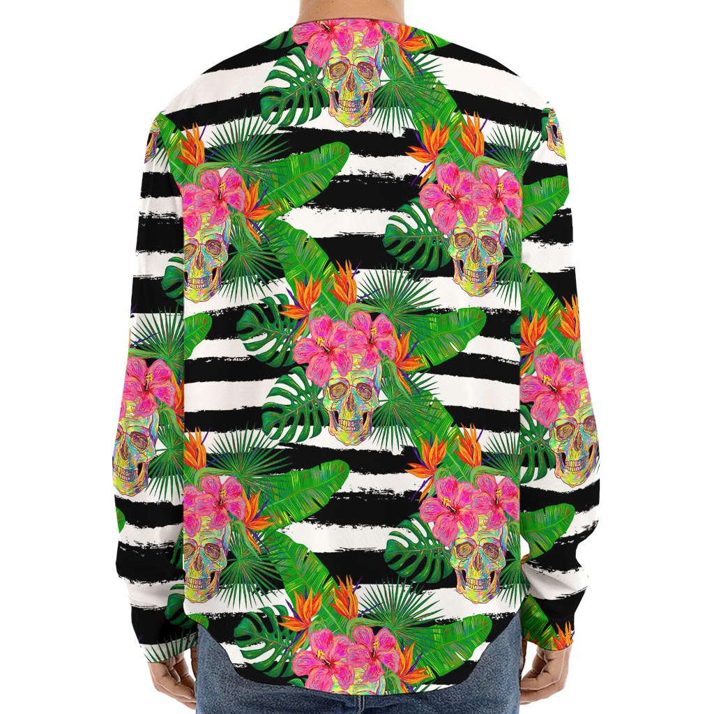 Aloha Skull Striped Pattern Print Long Sleeve Baseball Jersey