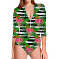 Aloha Skull Striped Pattern Print Long Sleeve Swimsuit