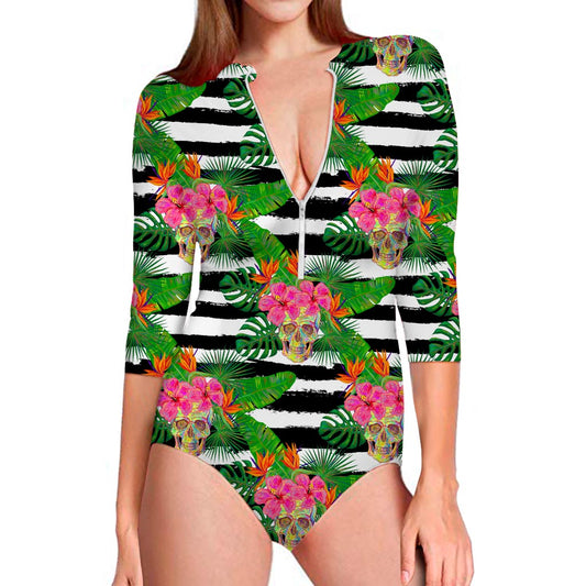 Aloha Skull Striped Pattern Print Long Sleeve Swimsuit