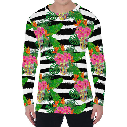 Aloha Skull Striped Pattern Print Men's Long Sleeve T-Shirt