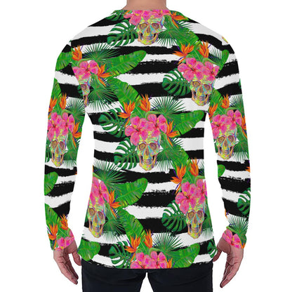 Aloha Skull Striped Pattern Print Men's Long Sleeve T-Shirt