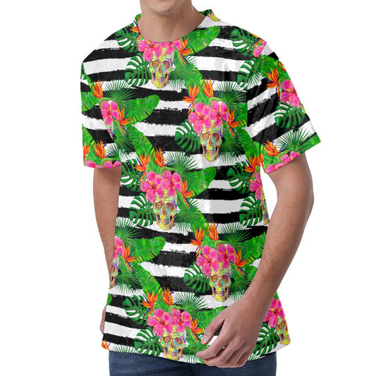 Aloha Skull Striped Pattern Print Men's Velvet T-Shirt