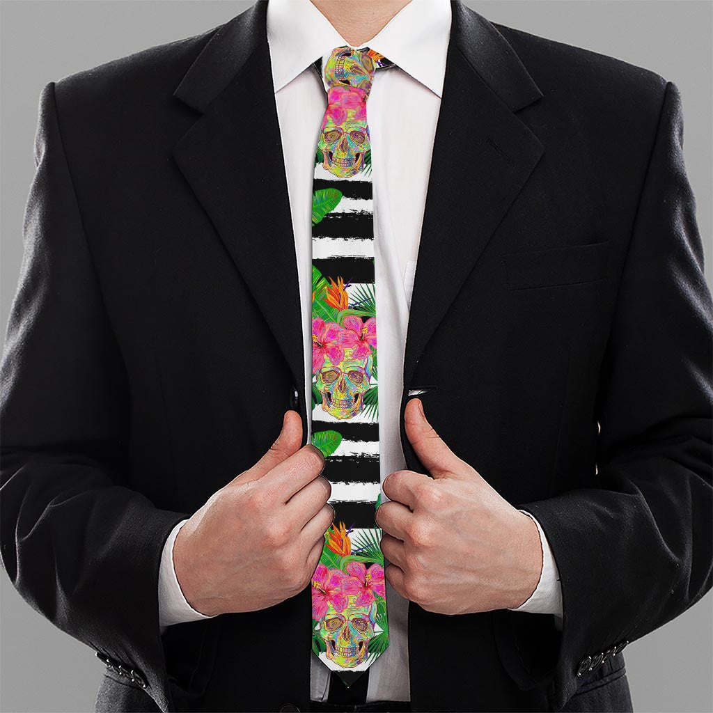 Aloha Skull Striped Pattern Print Necktie