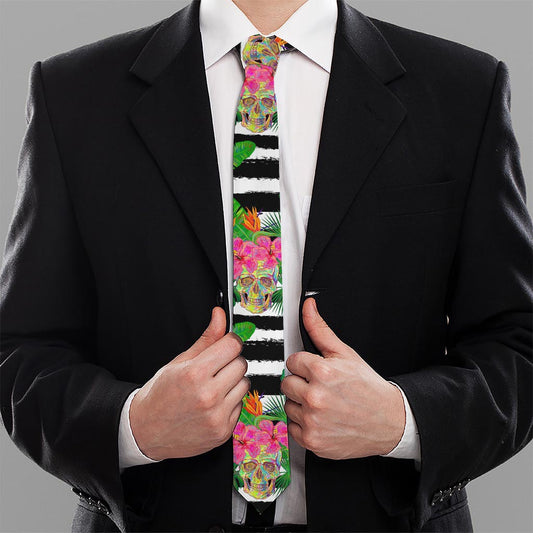 Aloha Skull Striped Pattern Print Necktie