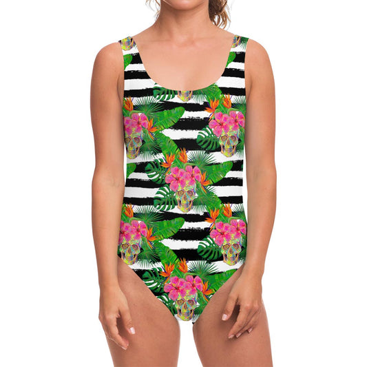 Aloha Skull Striped Pattern Print One Piece Swimsuit