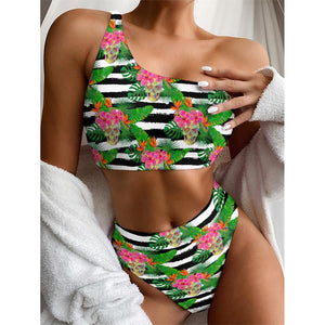 Aloha Skull Striped Pattern Print One Shoulder Bikini Top