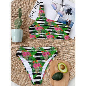 Aloha Skull Striped Pattern Print One Shoulder Bikini Top