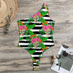 Aloha Skull Striped Pattern Print One Shoulder Bodysuit