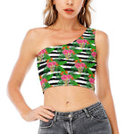 Aloha Skull Striped Pattern Print One Shoulder Crop Top