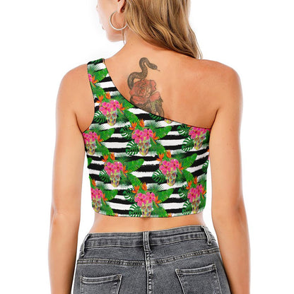 Aloha Skull Striped Pattern Print One Shoulder Crop Top