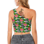 Aloha Skull Striped Pattern Print One Shoulder Crop Top