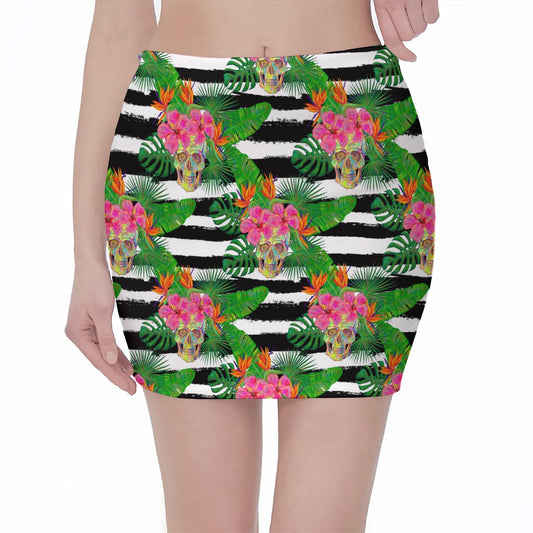 Aloha Skull Striped Pattern Print Pencil Mini Skirt