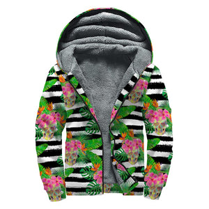 Aloha Skull Striped Pattern Print Sherpa Lined Zip Up Hoodie