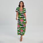 Aloha Skull Striped Pattern Print Short Sleeve Maxi Dress