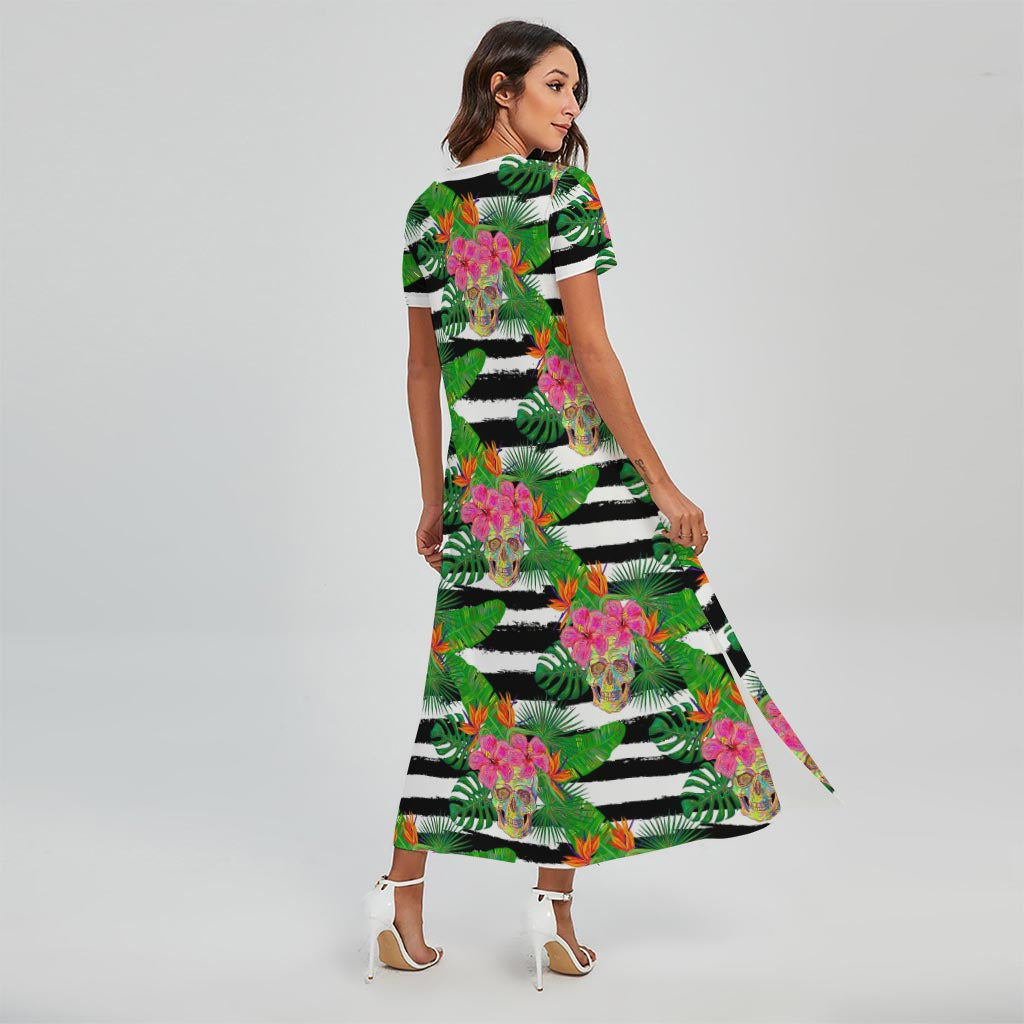 Aloha Skull Striped Pattern Print Short Sleeve Maxi Dress