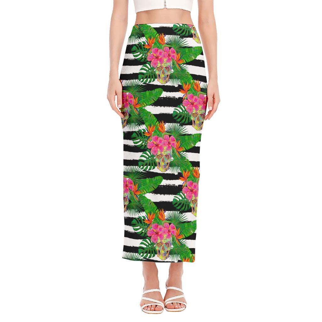 Aloha Skull Striped Pattern Print Side Slit Maxi Skirt