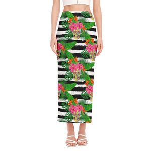 Aloha Skull Striped Pattern Print Side Slit Maxi Skirt