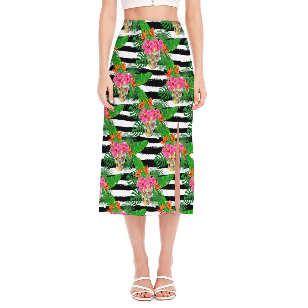 Aloha Skull Striped Pattern Print Side Slit Midi Skirt