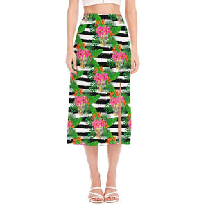 Aloha Skull Striped Pattern Print Side Slit Midi Skirt