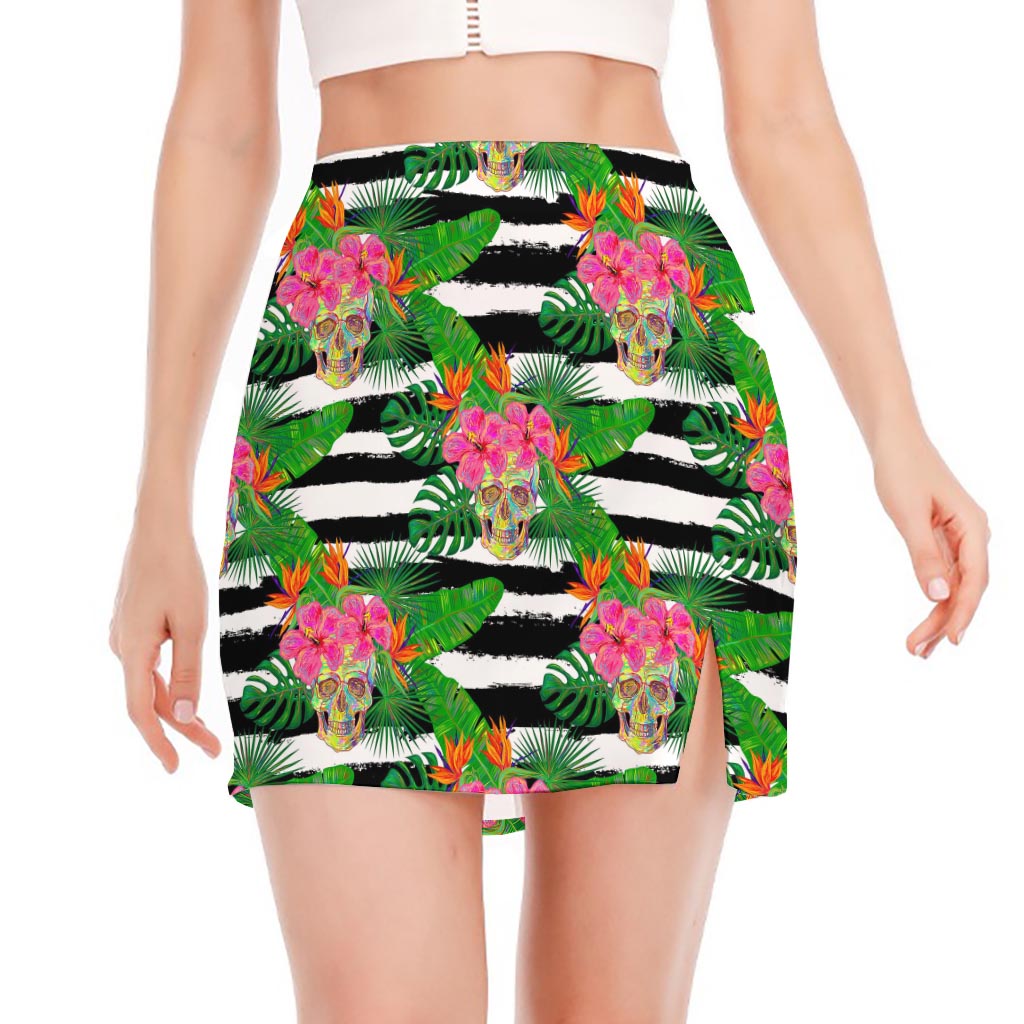 Aloha Skull Striped Pattern Print Side Slit Mini Skirt