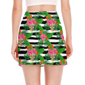 Aloha Skull Striped Pattern Print Side Slit Mini Skirt