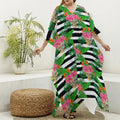 Aloha Skull Striped Pattern Print Silk V-Neck Kaftan Dress