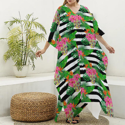 Aloha Skull Striped Pattern Print Silk V-Neck Kaftan Dress
