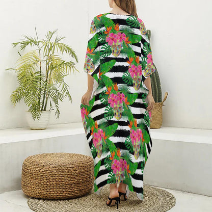 Aloha Skull Striped Pattern Print Silk V-Neck Kaftan Dress