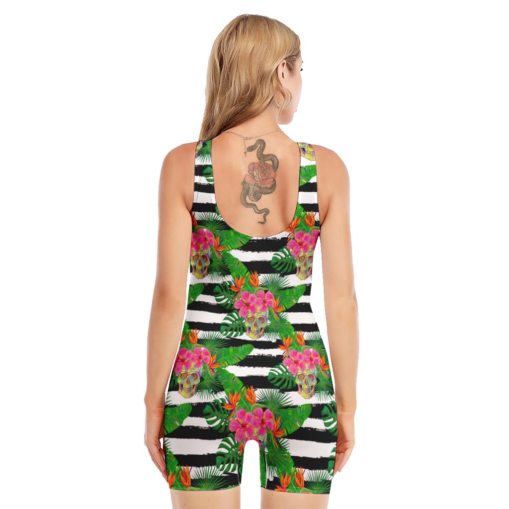 Aloha Skull Striped Pattern Print Sleeveless One Piece Swimsuit