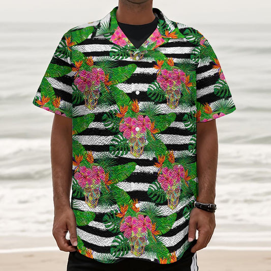 Aloha Skull Striped Pattern Print Textured Short Sleeve Shirt