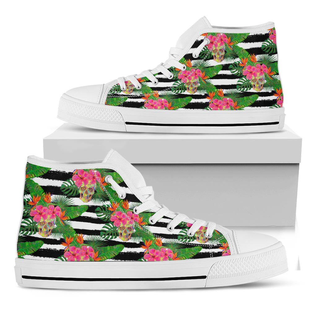 Aloha Skull Striped Pattern Print White High Top Sneakers