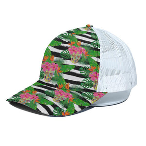 Aloha Skull Striped Pattern Print White Mesh Trucker Cap