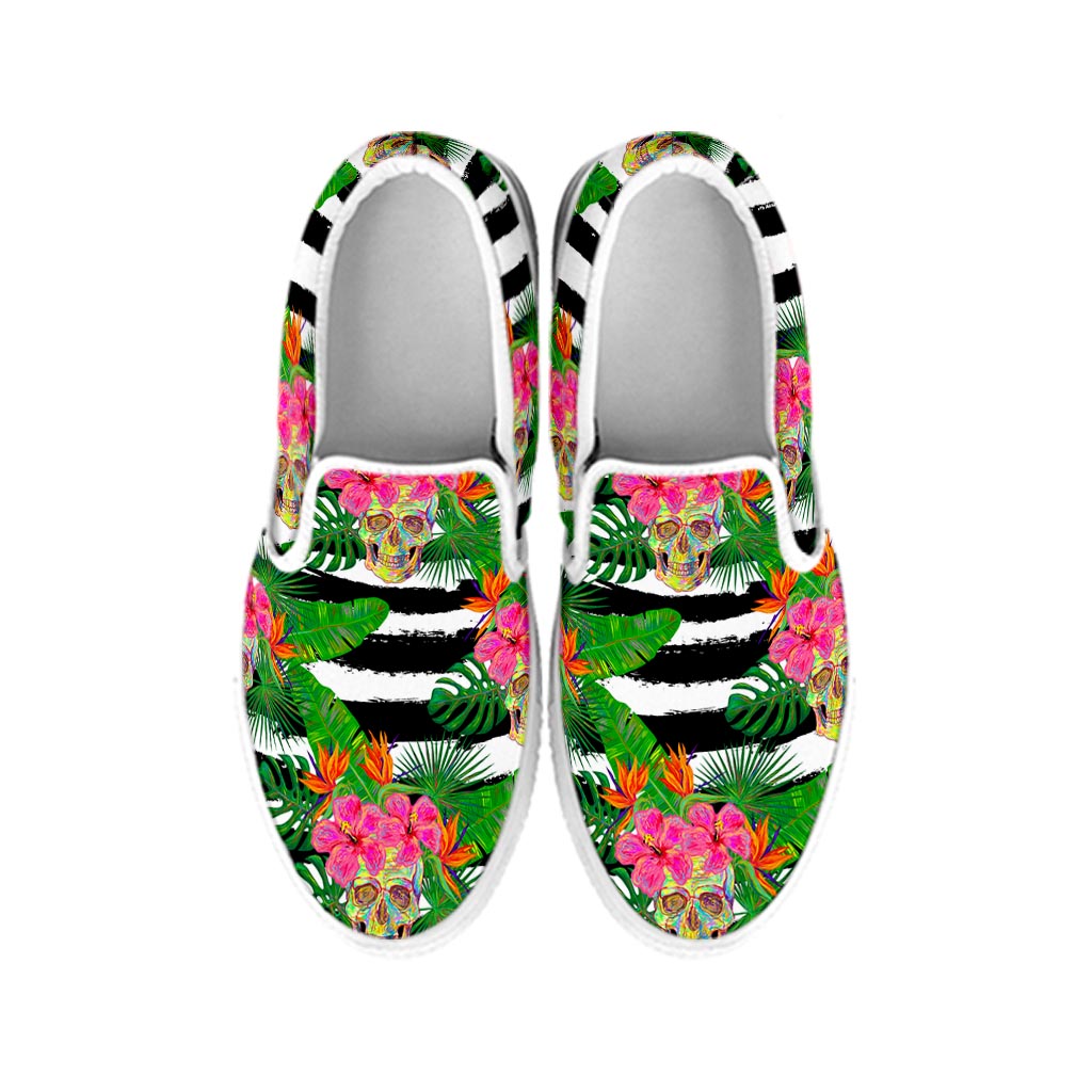 Aloha Skull Striped Pattern Print White Slip On Sneakers