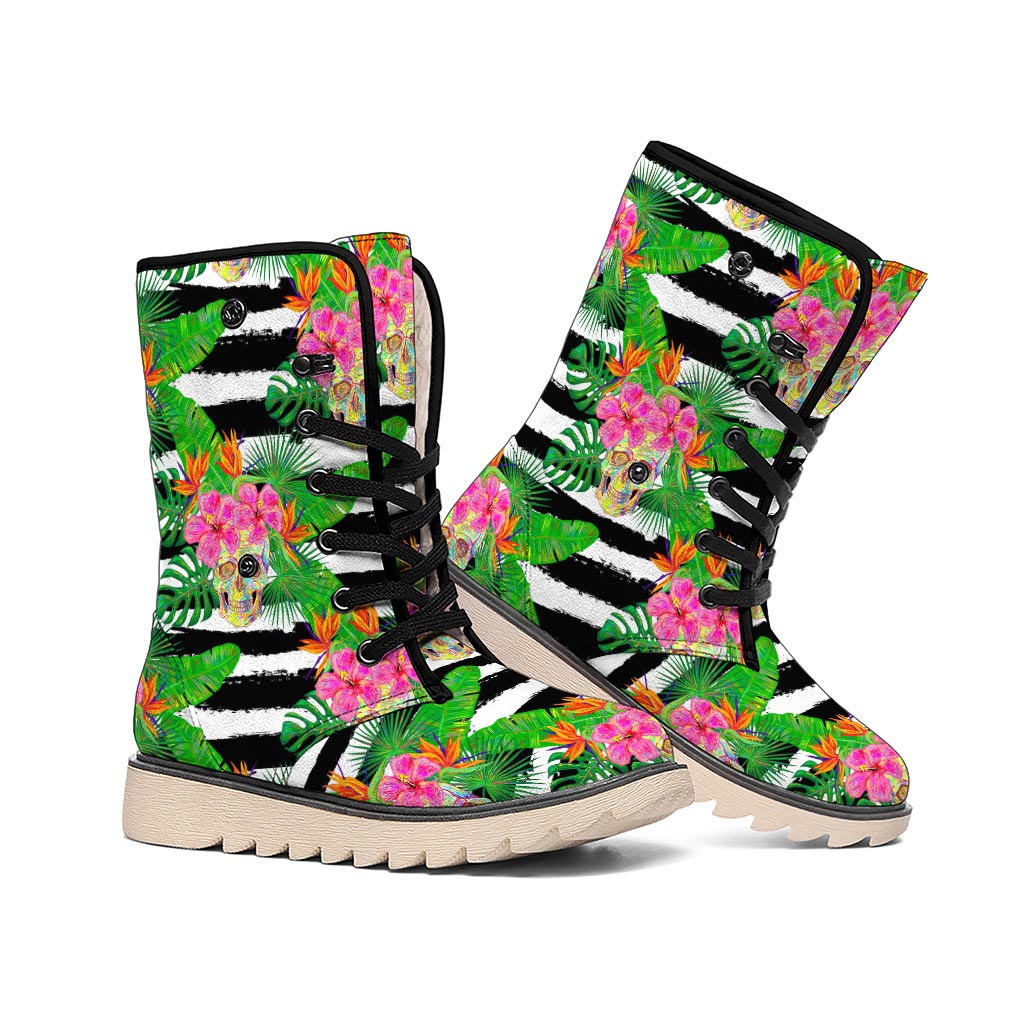 Aloha Skull Striped Pattern Print Winter Boots