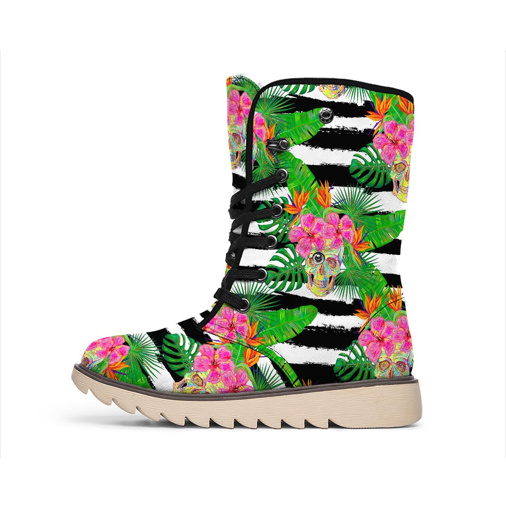 Aloha Skull Striped Pattern Print Winter Boots