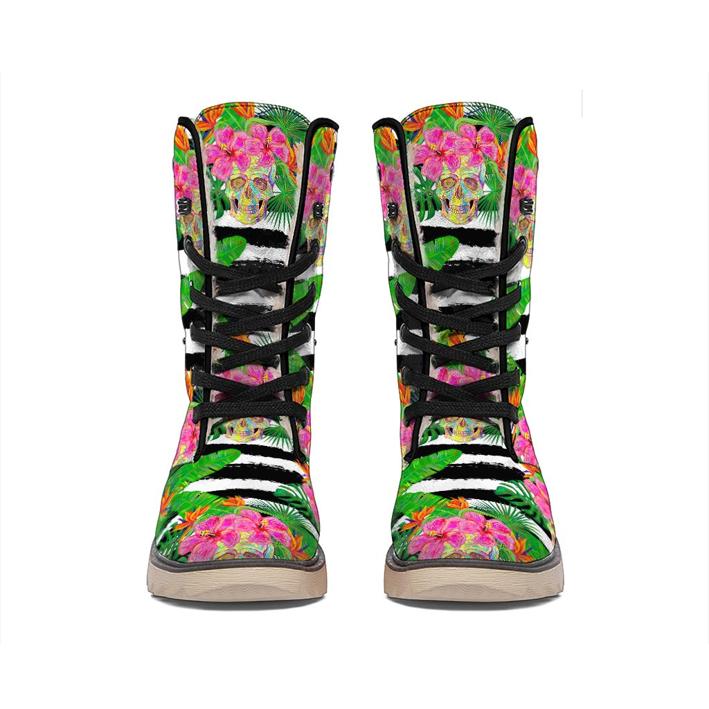 Aloha Skull Striped Pattern Print Winter Boots