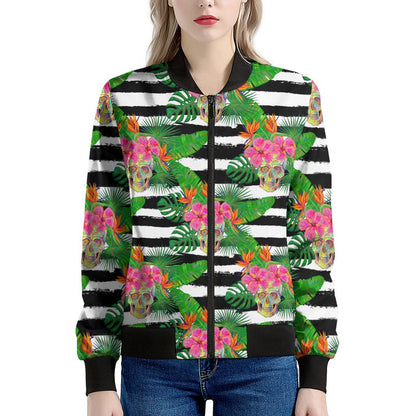 Aloha Skull Striped Pattern Print Women's Bomber Jacket