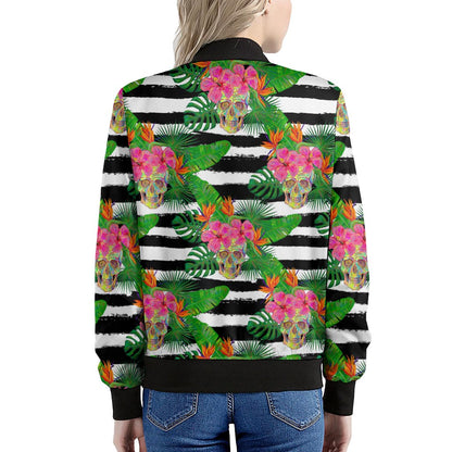 Aloha Skull Striped Pattern Print Women's Bomber Jacket