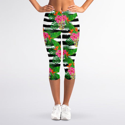 Aloha Skull Striped Pattern Print Women's Capri Leggings