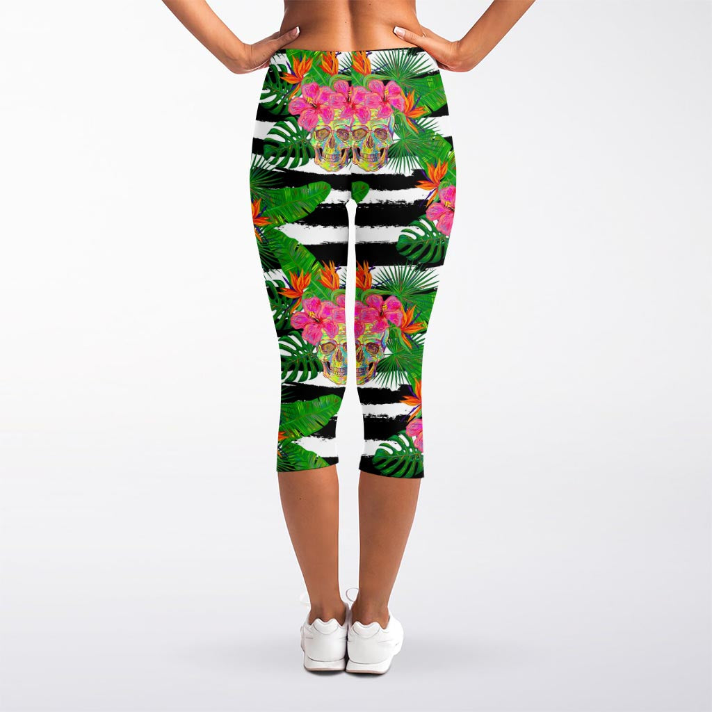 Aloha Skull Striped Pattern Print Women's Capri Leggings