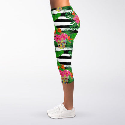 Aloha Skull Striped Pattern Print Women's Capri Leggings
