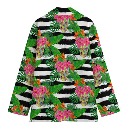 Aloha Skull Striped Pattern Print Women's Cotton Blazer
